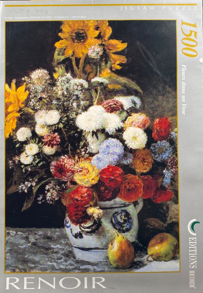 A still life painting by Renoir featuring a dense bouquet of colorful flowers in a ceramic vase with two pears.