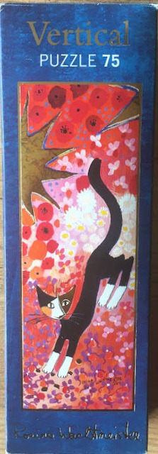 A whimsical illustration of a black cat with white paws jumping through a vibrant field of colorful flowers.