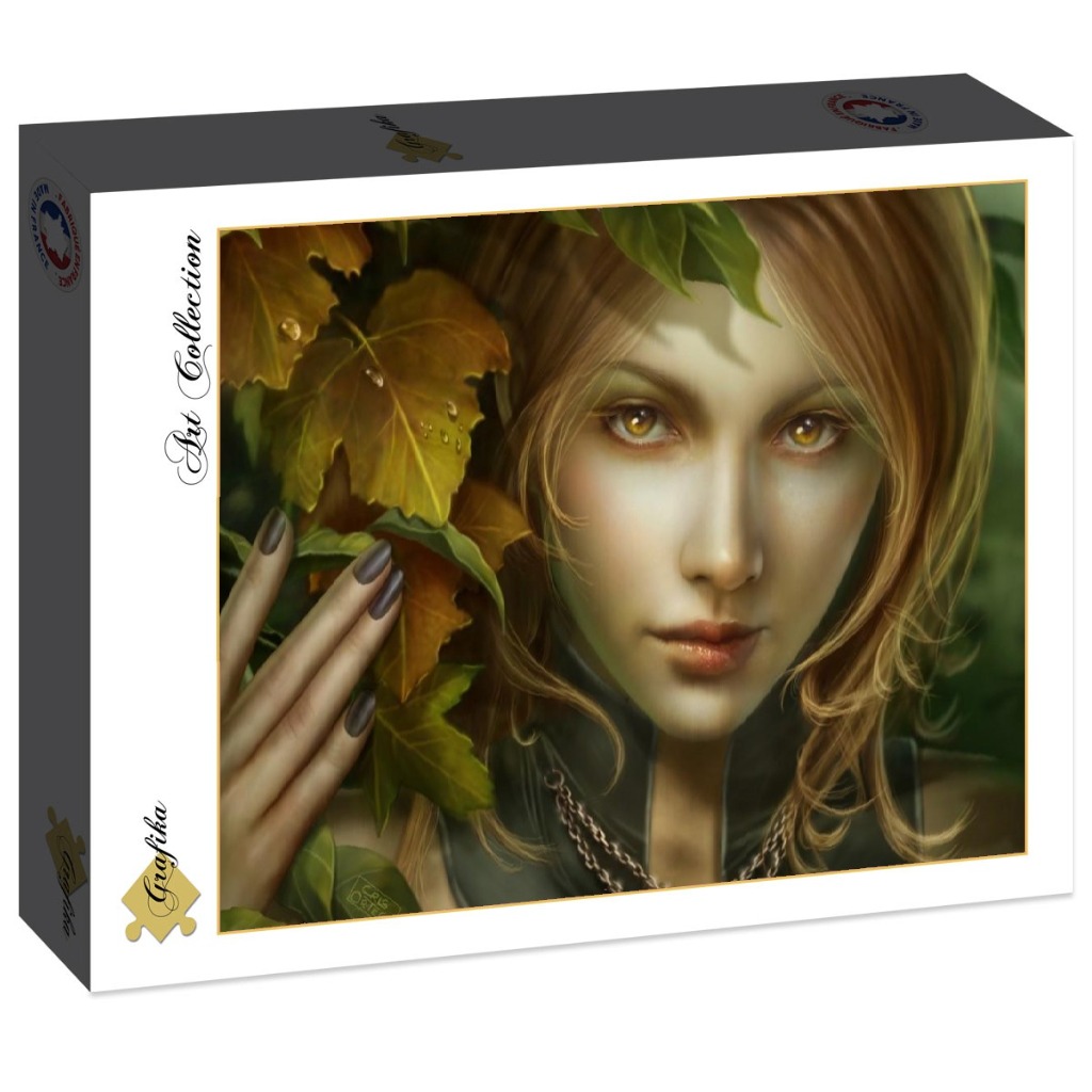 Digital fantasy illustration of a woman with amber eyes peering through golden autumn leaves.