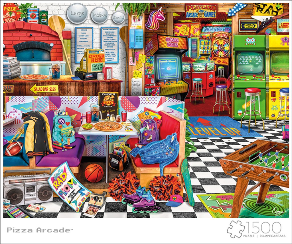 A vibrant 1980s-themed pizza parlor and arcade scene filled with retro decor, video games, and colorful youth accessories.