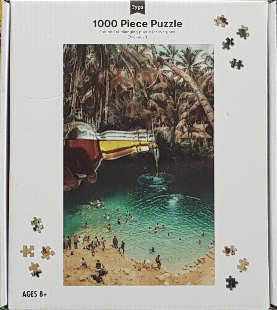 Surreal composite photograph of a hand pouring a beer bottle into a tropical swimming hole with palm trees.