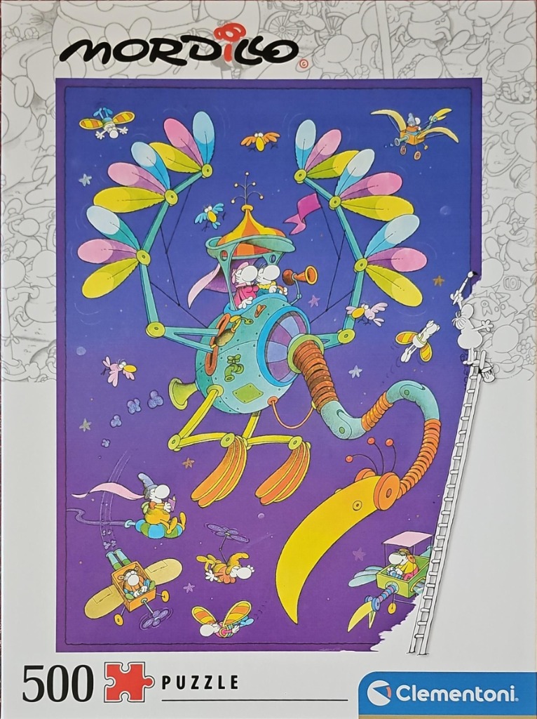 A whimsical illustration of a fantastical bird-like flying machine navigating a dark blue starry sky.