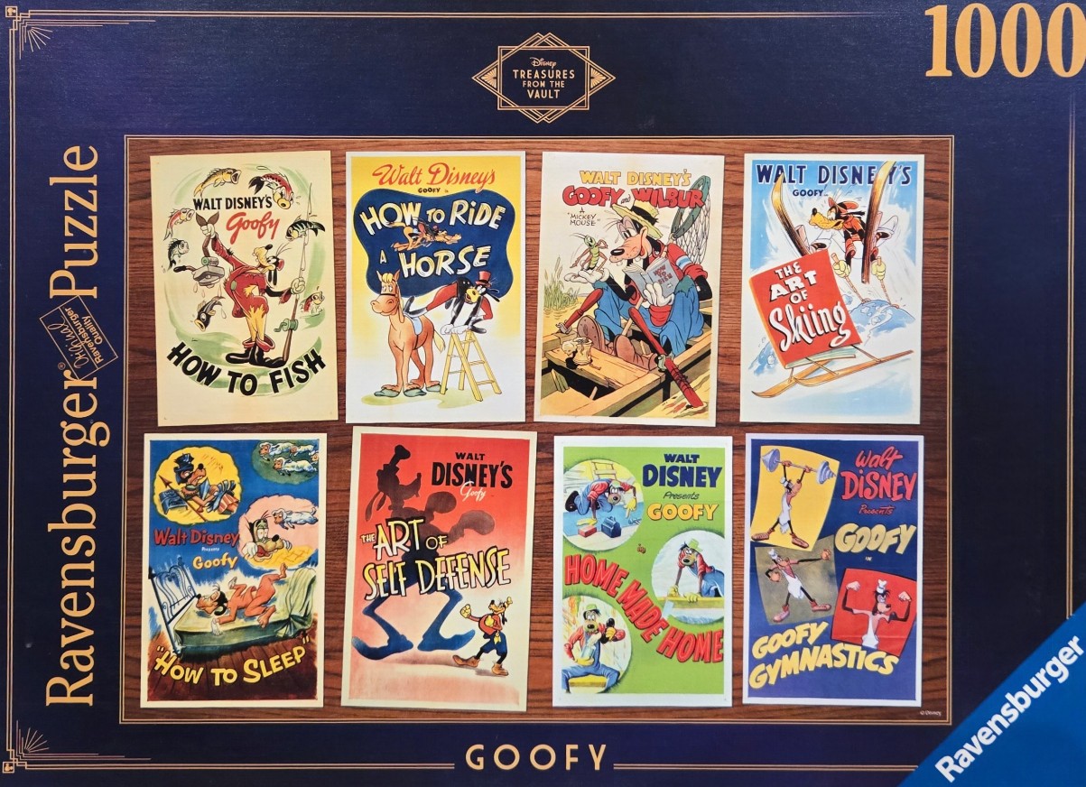 A collage of eight vintage Goofy cartoon movie posters arranged in two rows on a dark blue background.