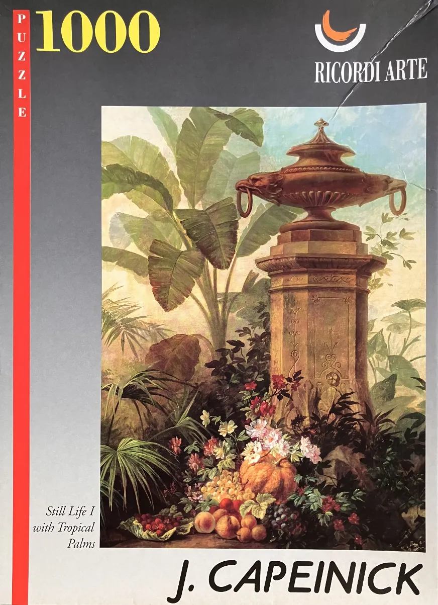 A classical oil painting showing a stone pedestal with a bronze urn surrounded by tropical plants and a bowl of fruit.