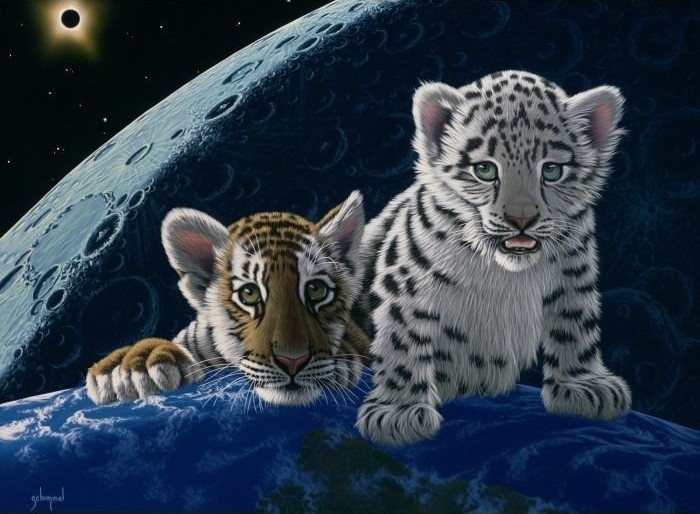 A tiger cub and a snow leopard cub sitting on top of the planet Earth against a backdrop of a lunar eclipse.