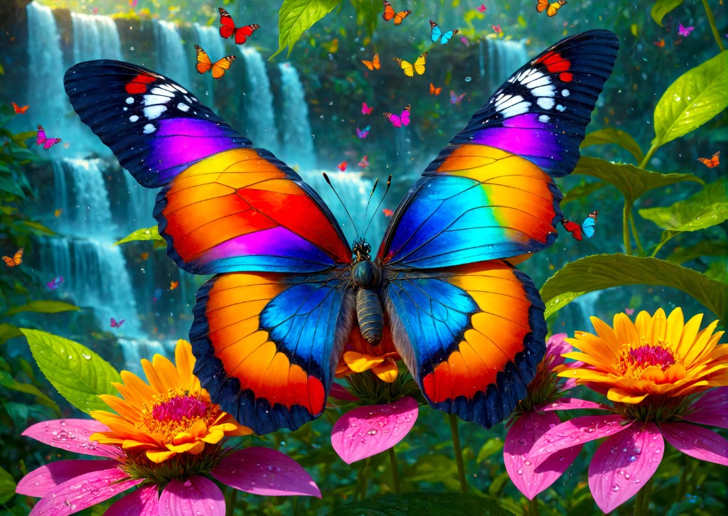 A vibrant, multicolored butterfly rests on pink flowers in front of a misty waterfall.