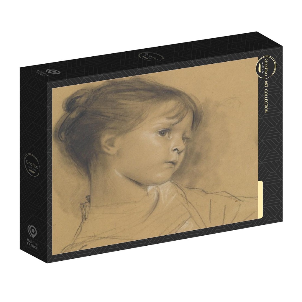 A charcoal or pencil sketch of a young girl with soft features, drawn on beige paper.