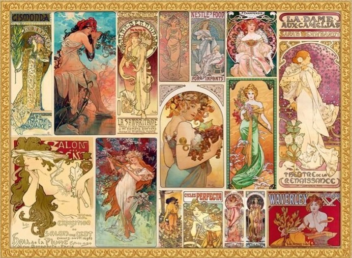 Collage of Art Nouveau style illustrations featuring elegant women in flowing gowns and intricate decorative borders.