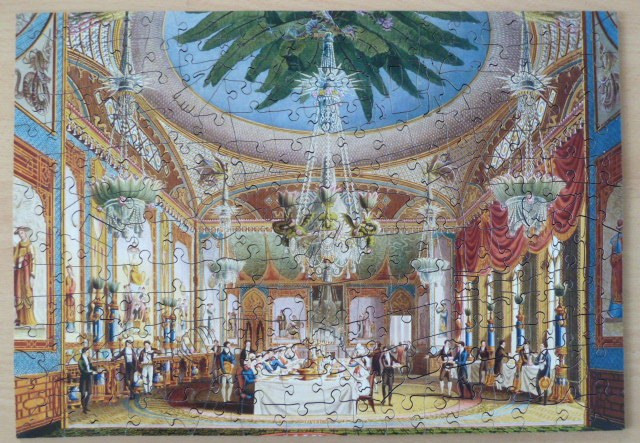 An ornate, historical illustration of an opulent banquet hall featuring a large domed ceiling and grand chandeliers.