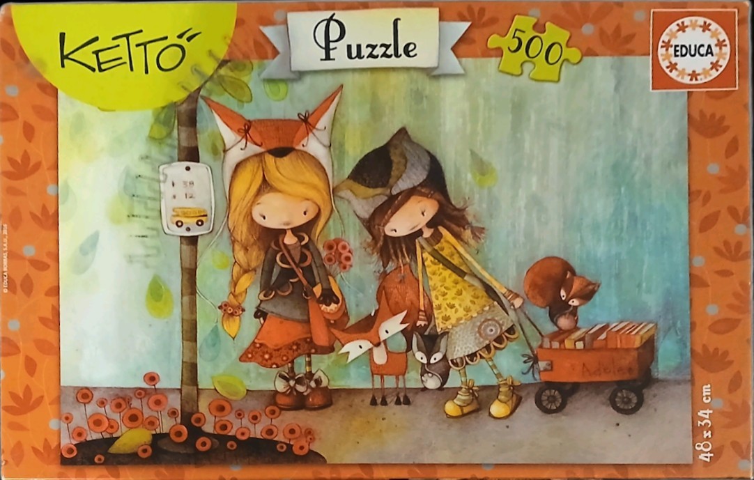 Illustration of two girls wearing fox and bird hoods standing by a bus stop with a small wagon.