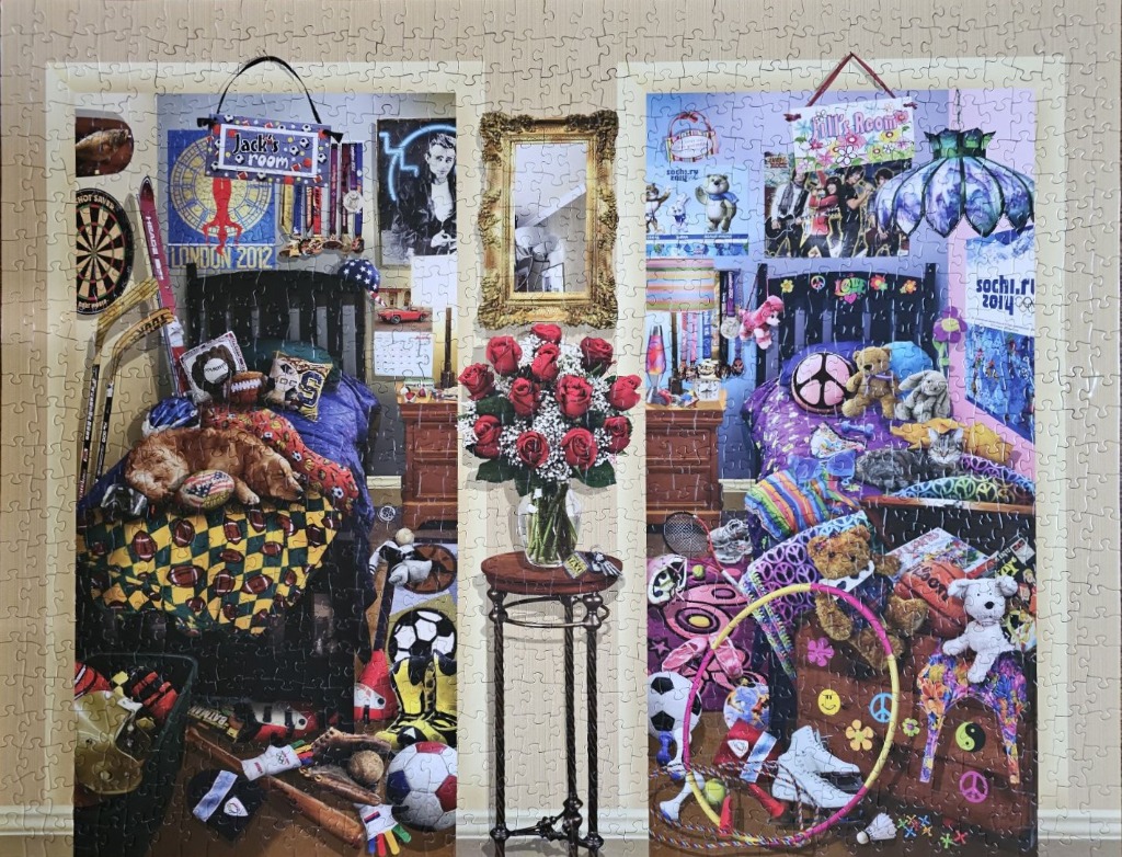 A split view showing two children's bedrooms: one decorated with sports themes and one with floral and feminine motifs.