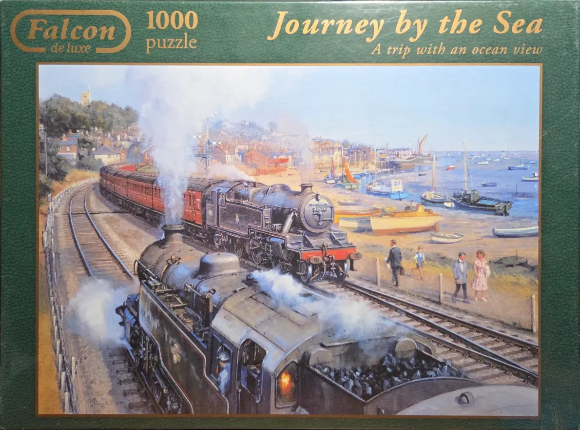 Painting of two vintage steam trains passing each other by a coastal town with boats on the shore.