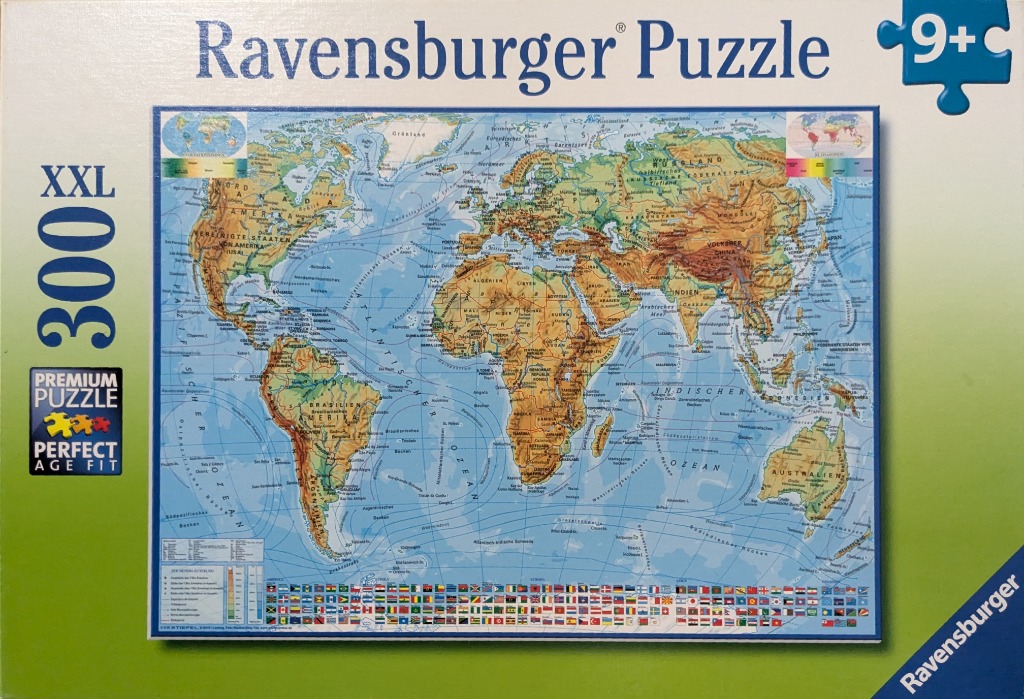 A detailed physical world map featuring topographic relief, ocean currents, and international flags.