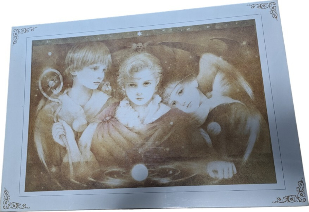 An ethereal, sepia-toned illustration of three angelic figures with soft features and glowing light effects.