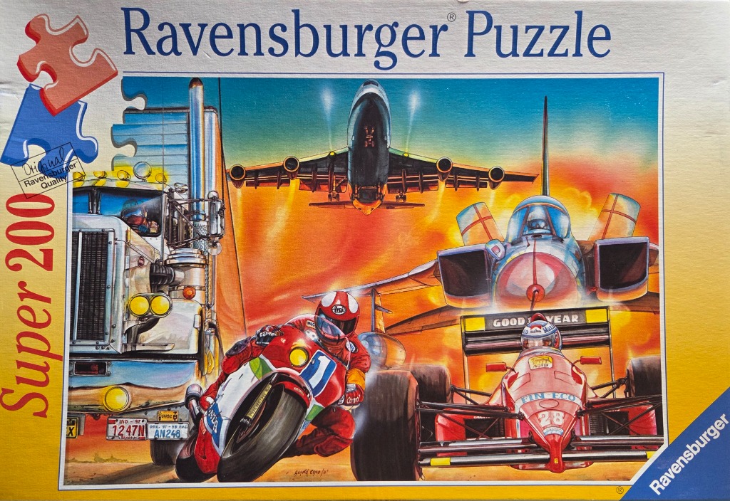 A dynamic illustration featuring a semi-truck, a motorcycle, a race car, and an airplane against a fiery orange sky.