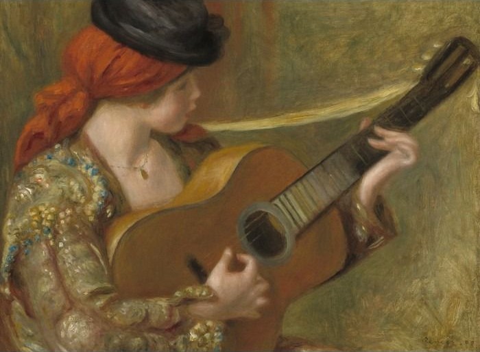 A young woman with a red headscarf and dark hat playing a guitar, painted in an impressionist style.