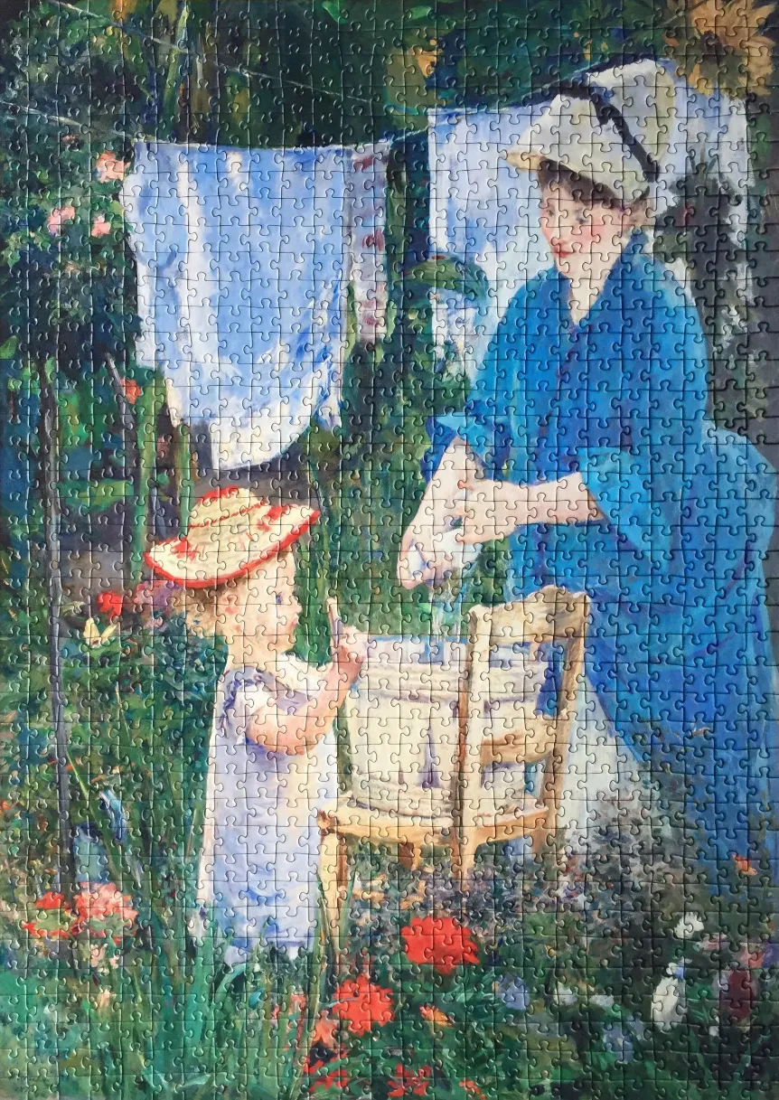A woman in a blue dress and a small child in a straw hat standing in a lush, blooming garden.