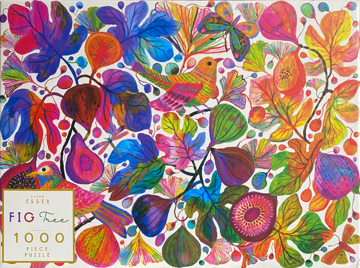 A vibrant, colorful illustration of a fig tree featuring birds, butterflies, and ripe figs in a saturated palette.
