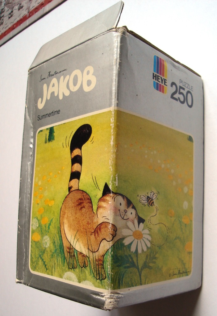 Illustration of a ginger tabby cat sniffing a white daisy in a field with a bee flying nearby.