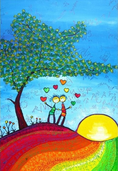 A whimsical illustration of two figures holding hands under a large tree with colorful hearts floating above them.