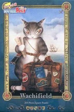 An illustration of a cat traveler with a map and suitcase standing on a beach.
