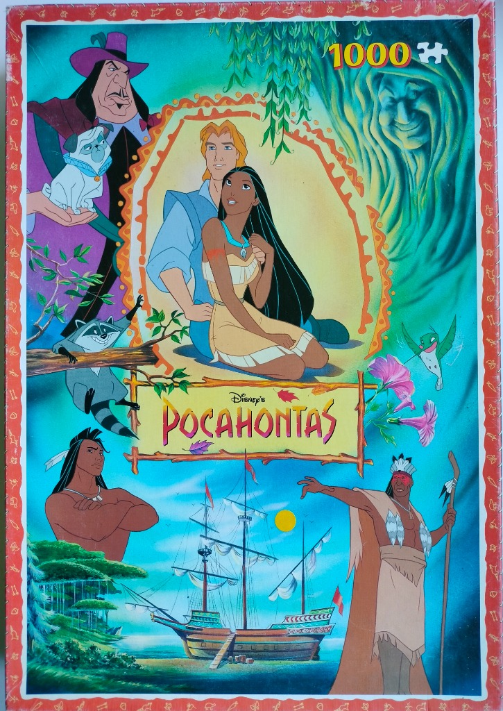 Animated scene featuring characters from Pocahontas including Pocahontas, John Smith, Governor Ratcliffe, and a ship.
