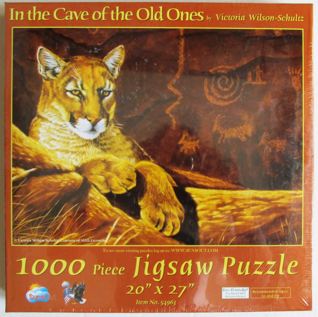 A mountain lion resting in front of a cave wall marked with ancient petroglyphs.