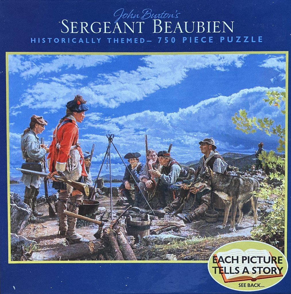 A historical painting of a group of colonial-era men gathered around a campfire by a lake, accompanied by a wolf.