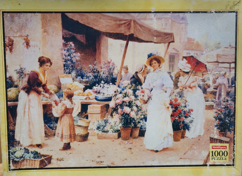 A Victorian-era street market scene with women and children surrounded by flower stalls.