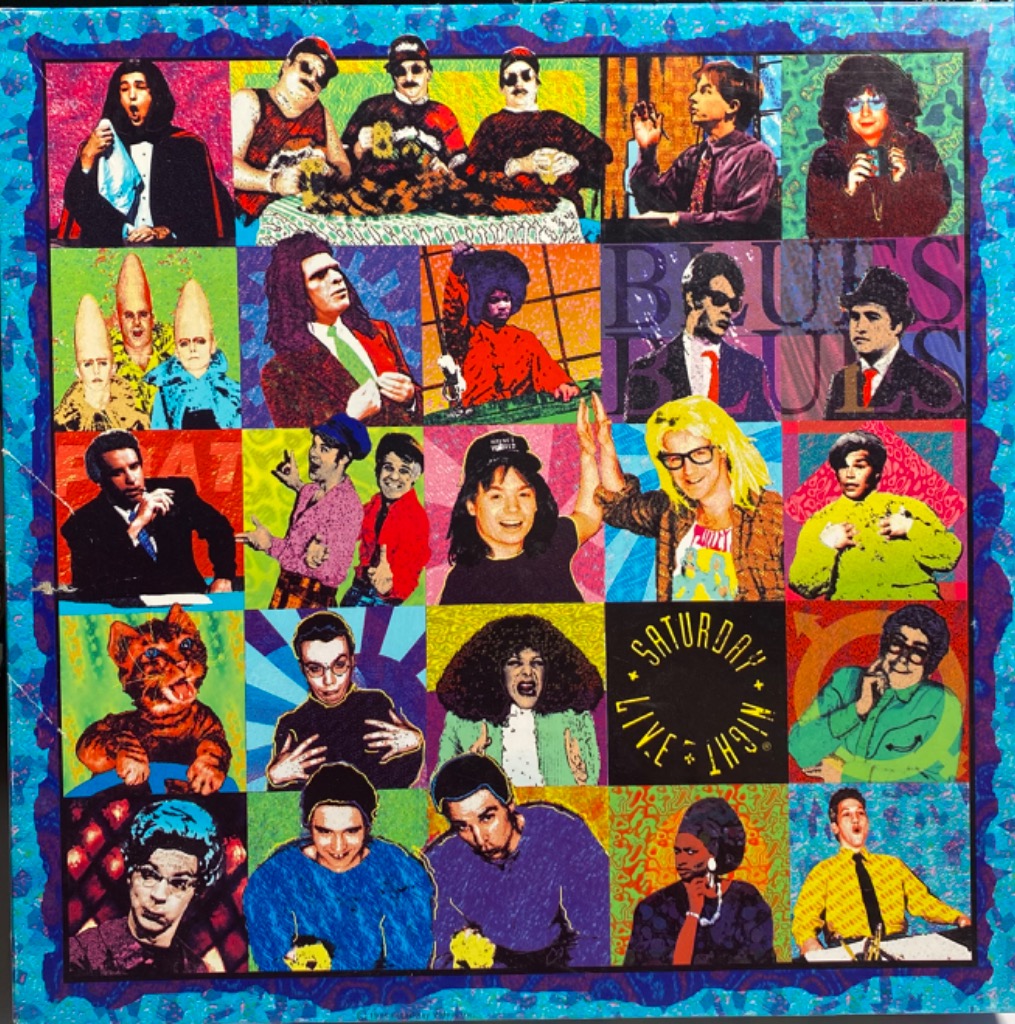 A collage of colorful portraits and scenes featuring various comedians and characters.