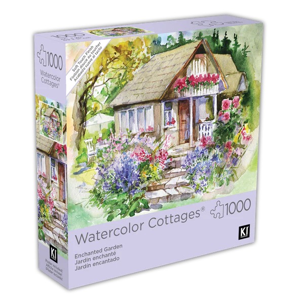 Watercolor painting of a quaint cottage nestled in a vibrant, blooming garden