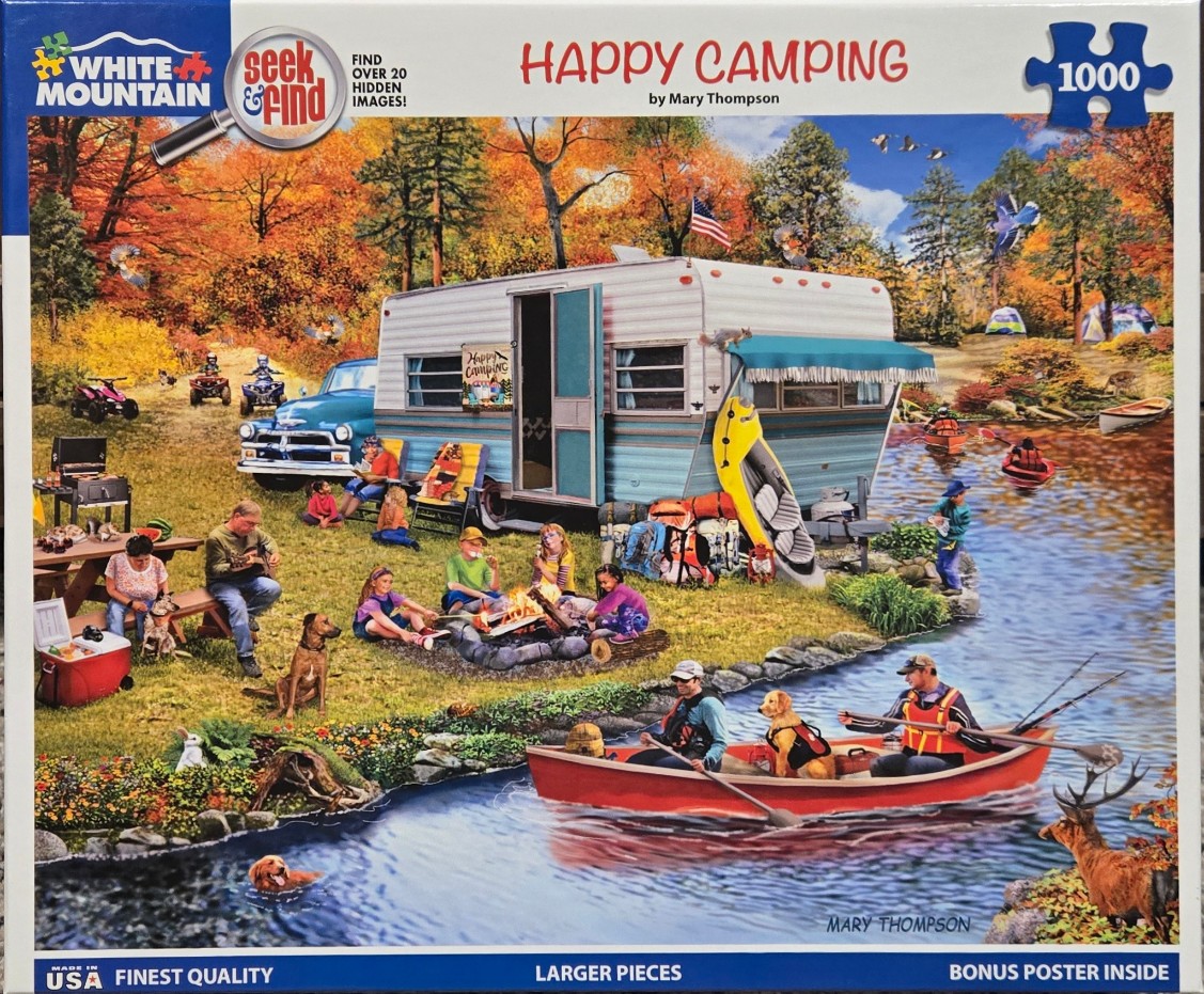 A lively autumn lakeside scene with a vintage camper, campfire, people, and wildlife.