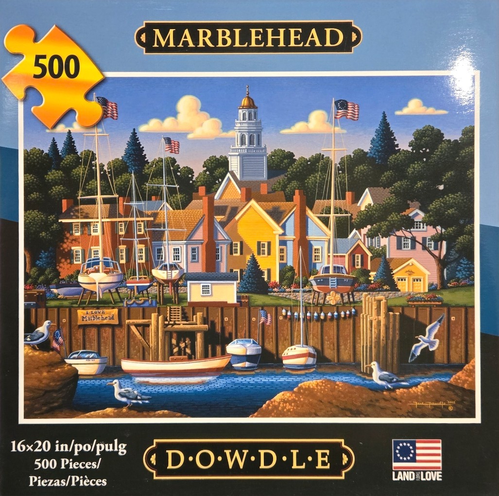 A painting of a coastal town scene featuring sailboats, a harbor wall, and colonial buildings under a blue sky.