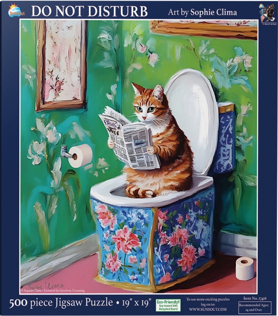 An oil painting of an orange tabby cat sitting on a floral-patterned toilet reading a newspaper.