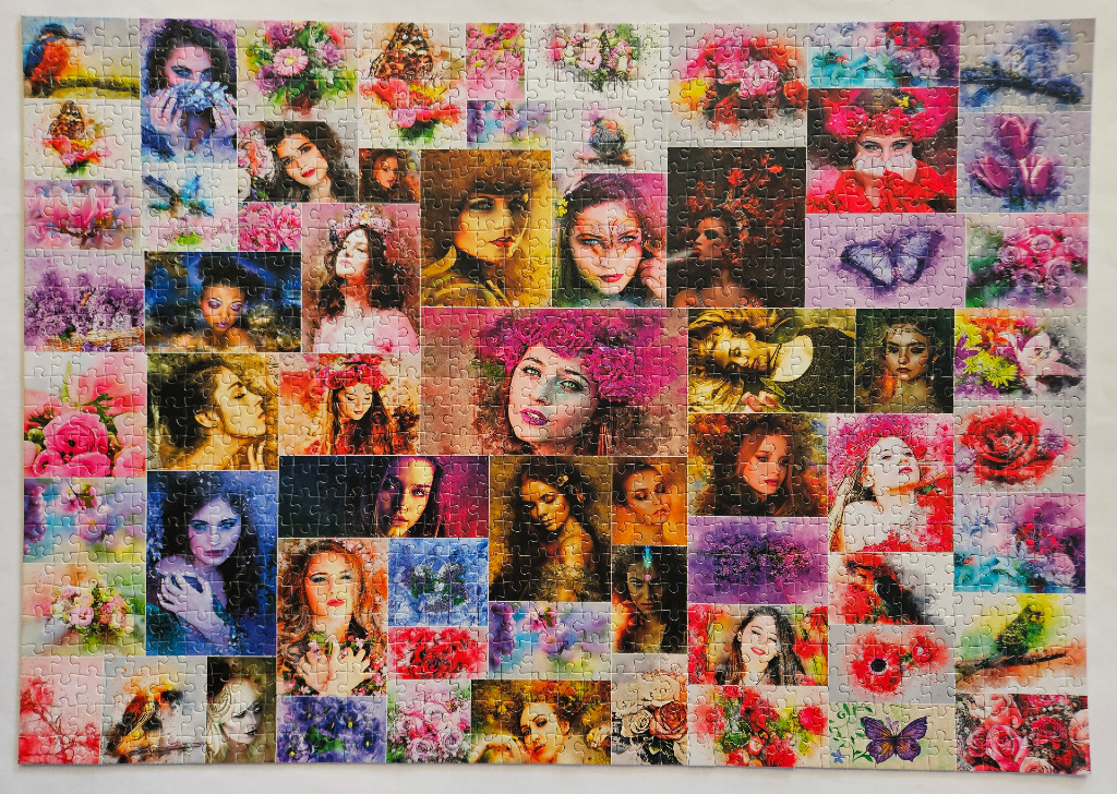 A collage of diverse women's portraits interspersed with vibrant floral and butterfly imagery.