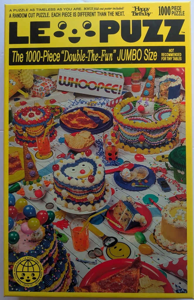 A festive, cluttered birthday party table filled with multiple clown-themed cakes, pizza, snacks, and colorful decorations.