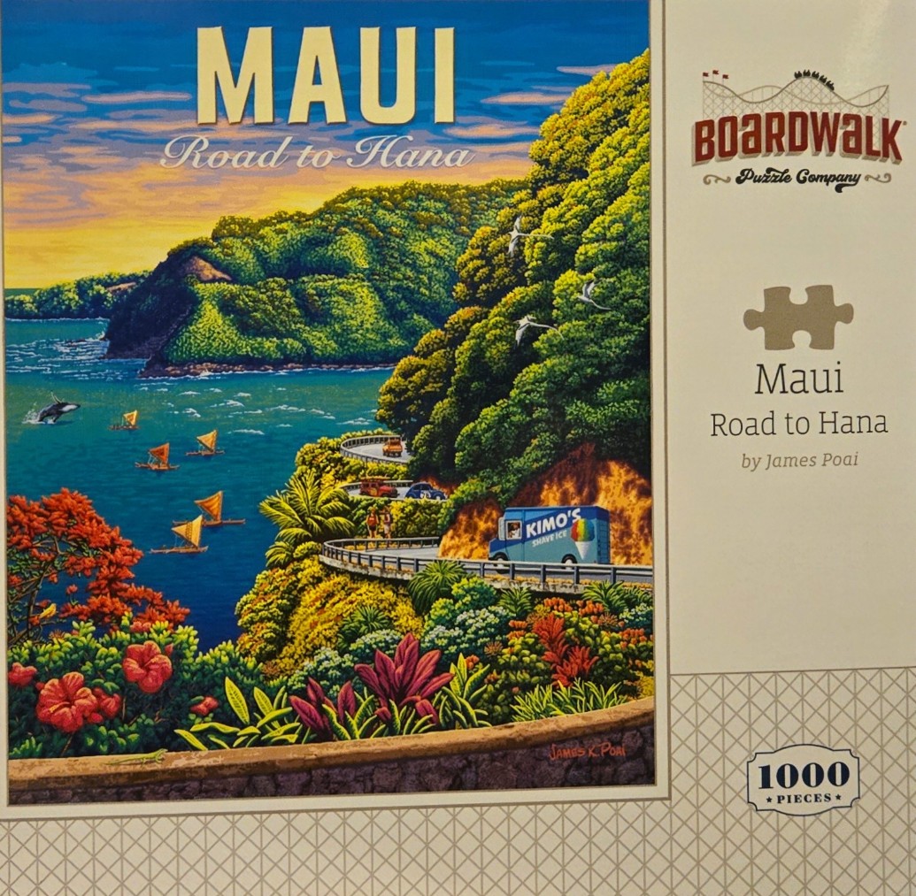 An illustration of the Maui coastline featuring the winding Road to Hana with a shave ice truck and traditional sailboats.