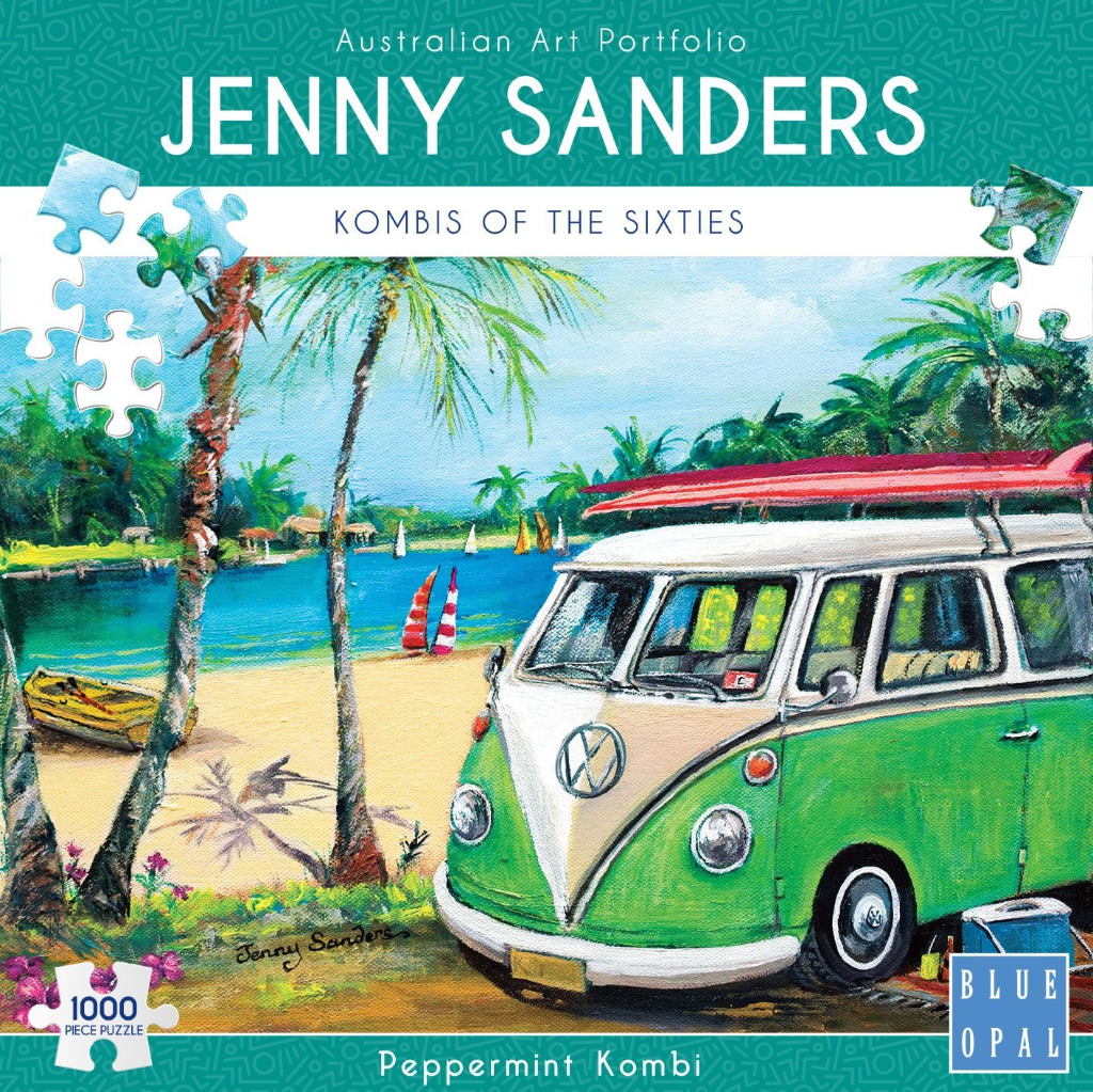 Painting of a green and white Volkswagen Kombi parked on a tropical beach with sailboats in the distance.