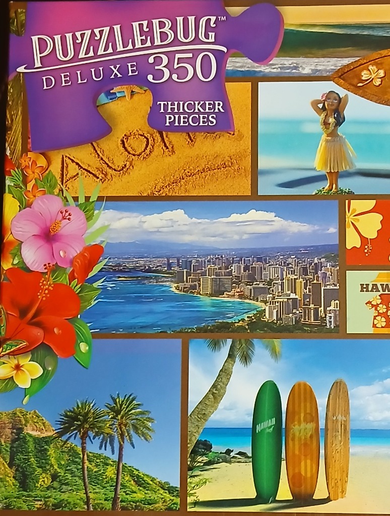 A collage of Hawaiian-themed tropical images including beaches, a hula dancer, surfboards, and hibiscus flowers.