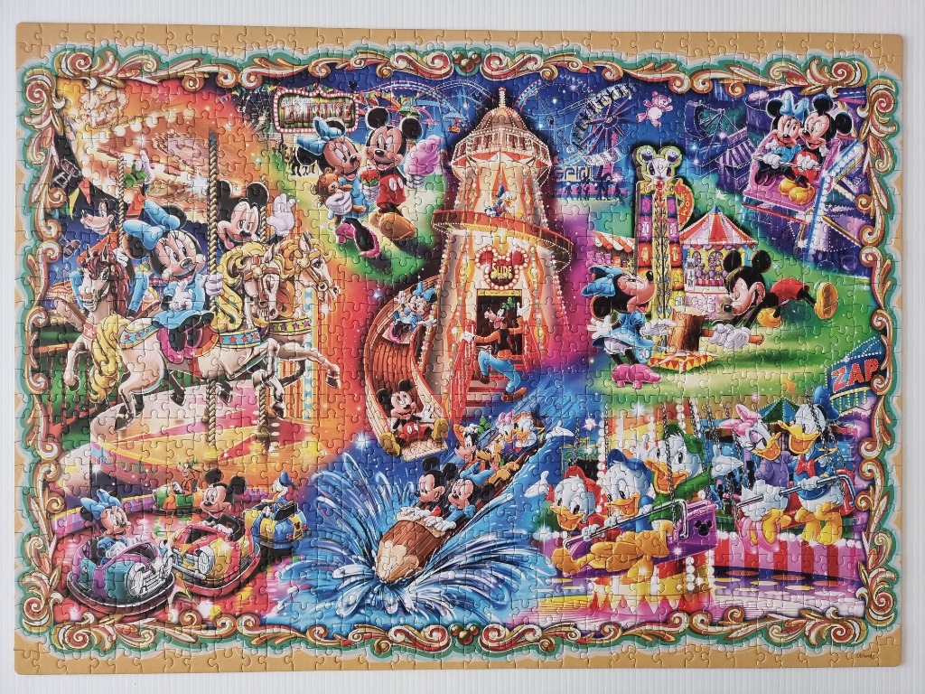 Colorful cartoon illustration of Disney characters enjoying various theme park rides at night.