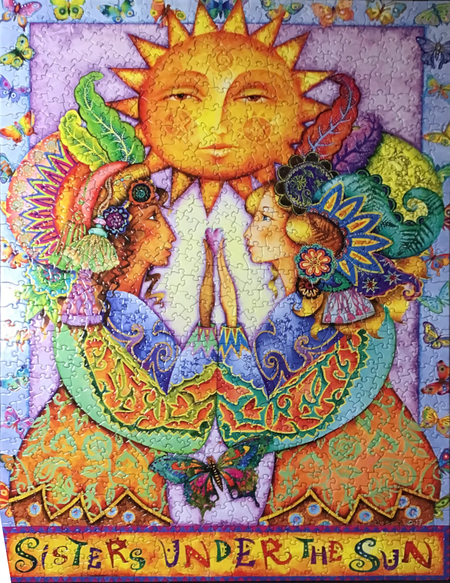 Two women with ornate, colorful headpieces stand beneath a stylized golden sun surrounded by butterflies.