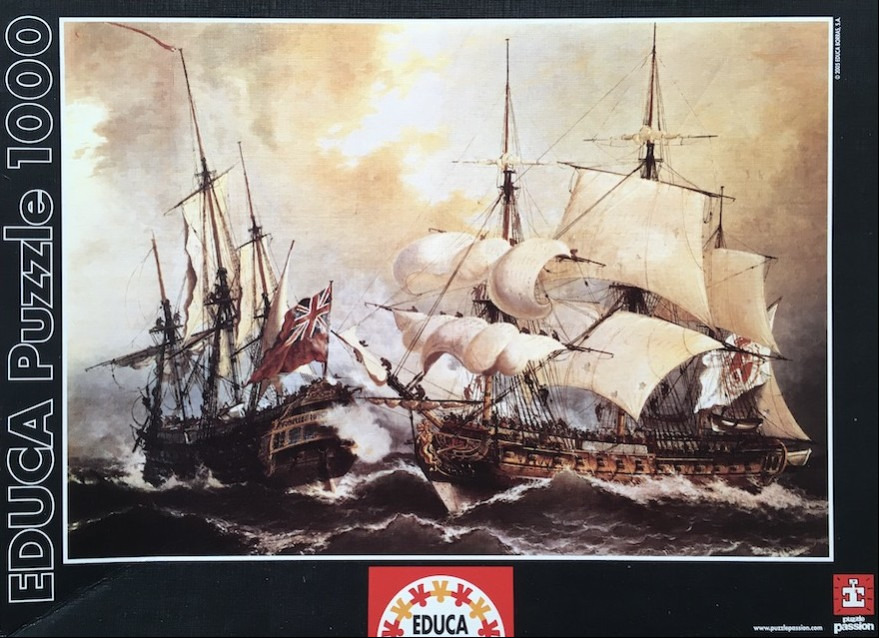 An oil painting of two large wooden sailing ships engaged in a naval battle on a rough, churning ocean.