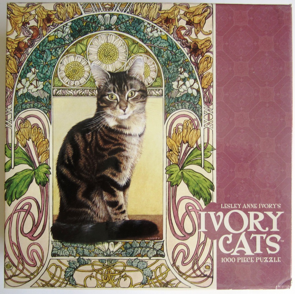 A detailed illustration of a brown tabby cat sitting within an ornate, Art Nouveau-style floral archway.