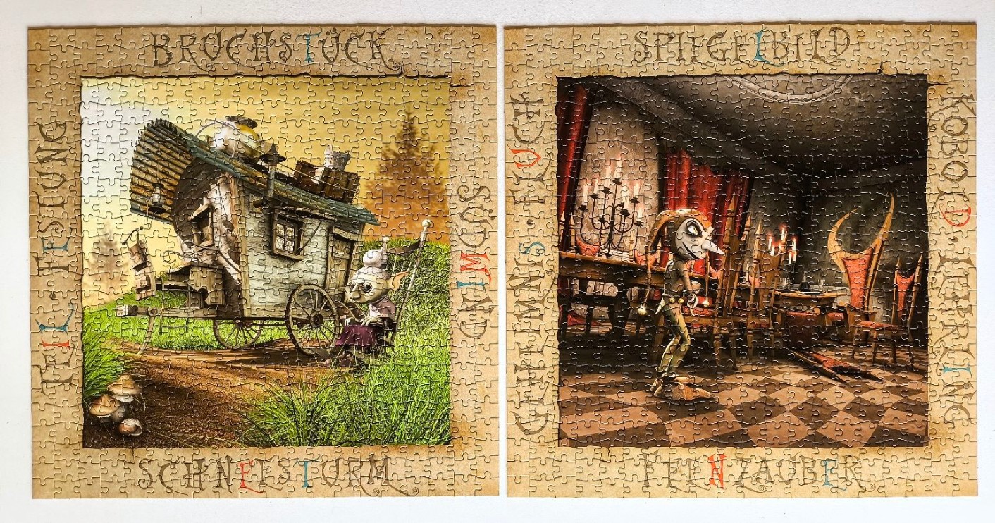 Two fantasy illustrations side-by-side: a goblin with a wagon in a meadow and a jester inside a dark, opulent room.