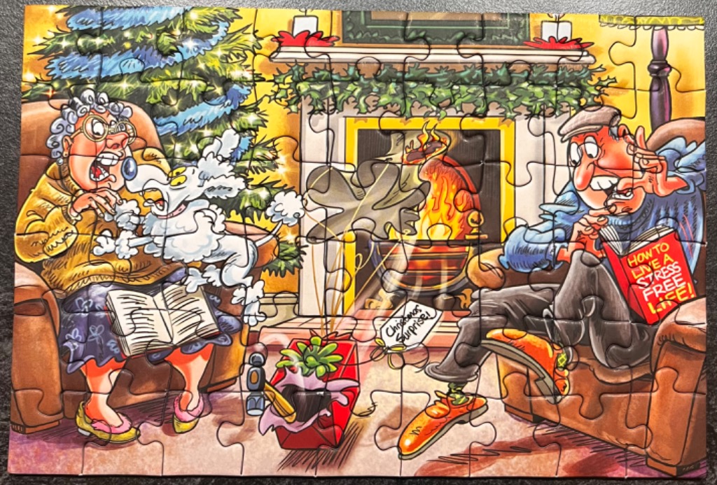 Cartoon of a chaotic Christmas scene with a dog, gift, and fireplace.