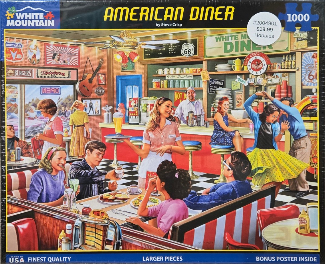 A nostalgic 1950s American diner scene with a waitress serving patrons and a couple dancing near a jukebox.