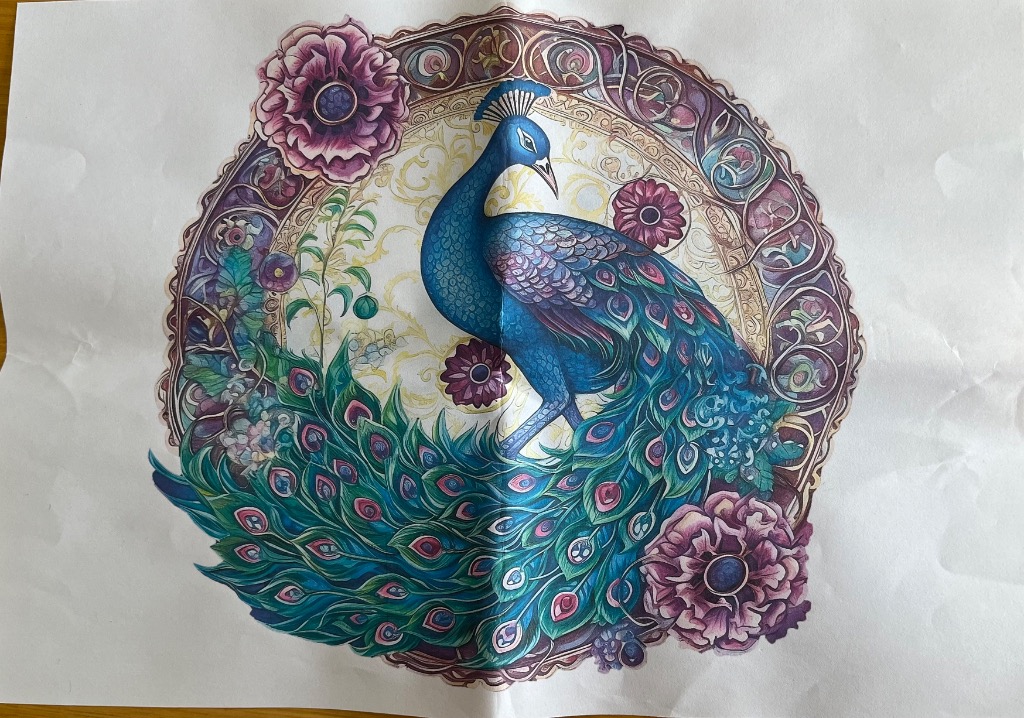 A peacock stands within an ornate circular Art Nouveau style frame decorated with flowers.