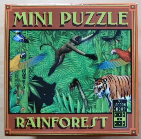 A lush rainforest scene featuring a monkey, tiger, parrot, and other wildlife amidst dense green foliage.