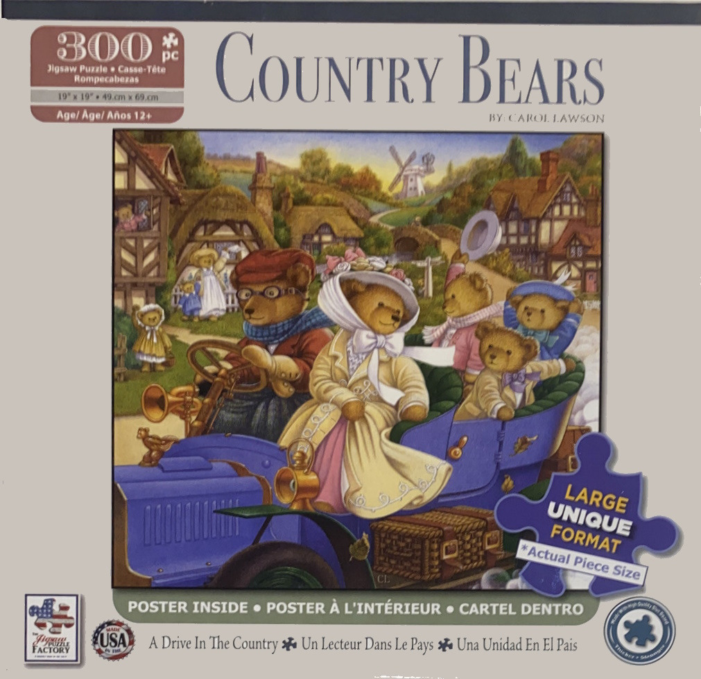 An illustration of anthropomorphic teddy bears riding in a vintage purple car through an English village.