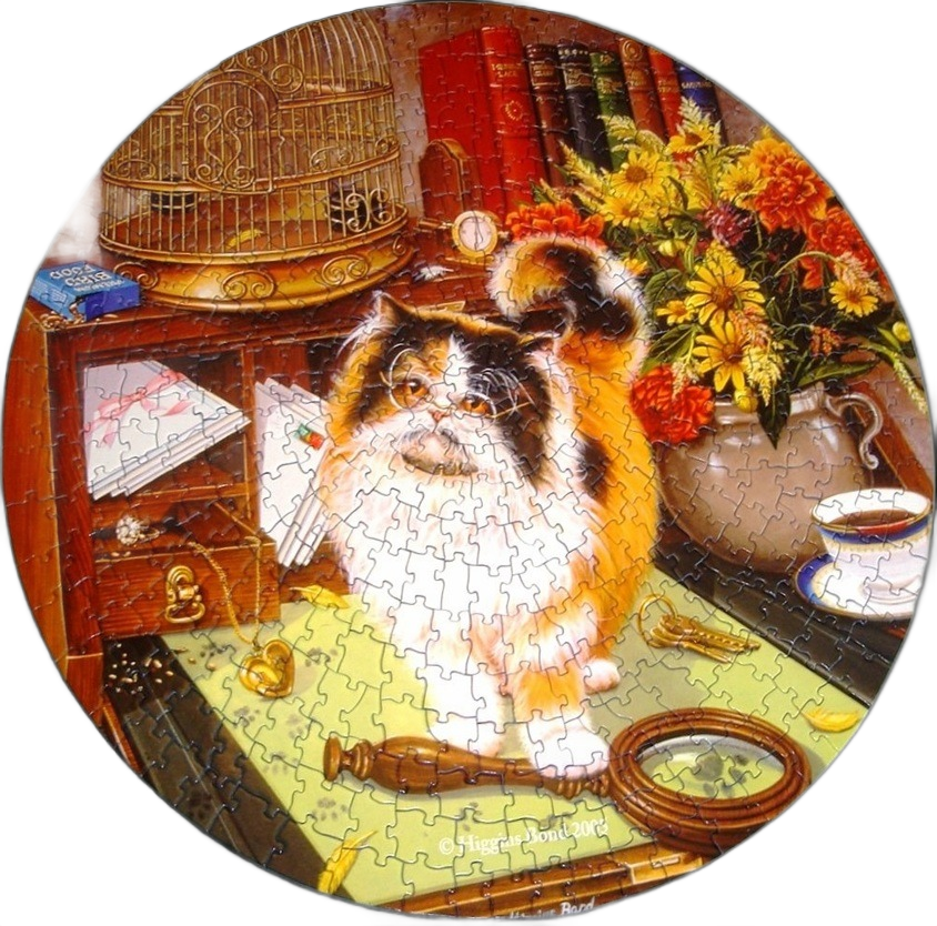 A fluffy calico cat wearing spectacles sits on a wooden desk surrounded by antique items in a round format.